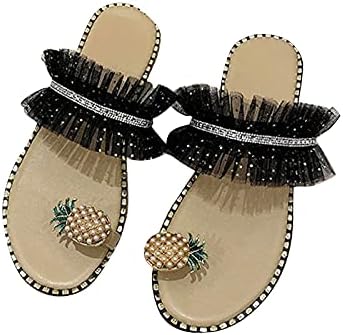 Flip de linear feminino sandálias boêmias de abacaxi pérola slippers planos de pérol