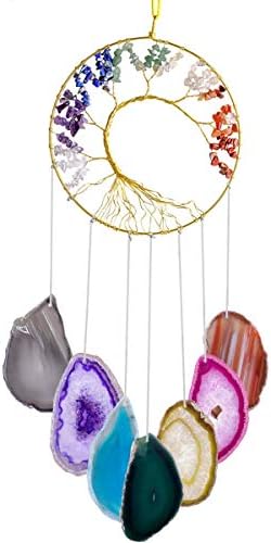 MookaitEdecor Bundle - 2 itens: 7 Chakra Crystal Tree of Life With Agate Flices Wind Chimes 25-27 polegadas,