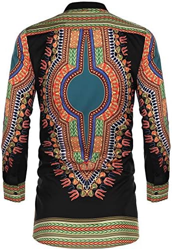 Coofandy Men's African Dashiki Print camisa de manga comprida Button Down Camisa de cor brilhante