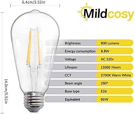 LED vintage Edison Bulbs diminuído de 60 watts equivalente, 6 pacote, mais de 90 CRI, brancos brilhantes