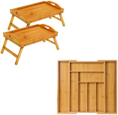 Tabela de bandeja de cama de bambu Pipishell com pernas dobráveis+organizador de gavetas expansível de