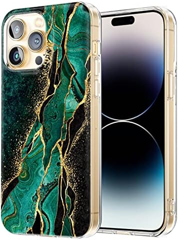 Compatível com o iPhone 14 Pro Max Marble Caso, design de mármore verde brilhante, Proteção de corpo inteiro