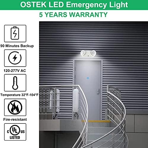 Ostek LED Luz de saída de emergência com duas cabeças de luz ajustáveis ​​e bateria de backup, saída