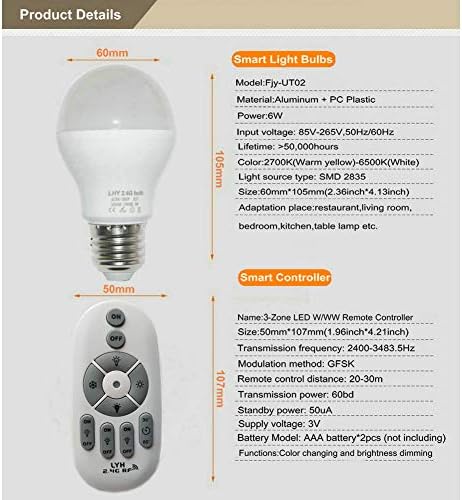 FJYIKJ 6W E27 Smart LED Bulbs Dimmable com 2,4 GHz de controle remoto sem fio 3 zonas - temperatura de cor
