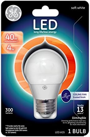 Iluminação GE 37924 LED A15 Teto Bulbo de ventilador com base média, 4 watts, macio e 1 padrão, branco fosco
