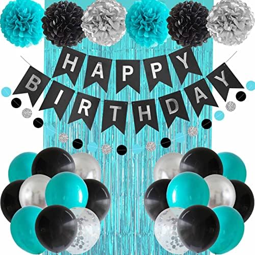Ansomo Black Teal Blue and Silver Feliz Aniversário Decorações de festa turquesa Aqua Balões Décé suprimentos