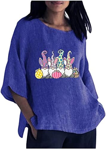 Camisas de Páscoa para Mulheres Crewneck Gnome de Páscoa Top Top 3/4 Manga Cavalas de linho de algodão Bloups