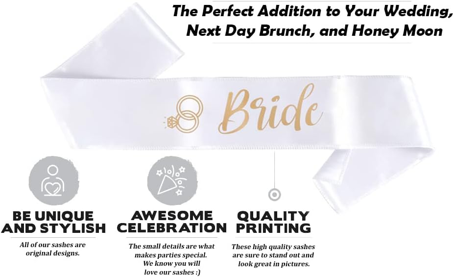 Bride Sash - faixa de noiva branca com letras douradas para casamento, chuveiro de noiva, festa