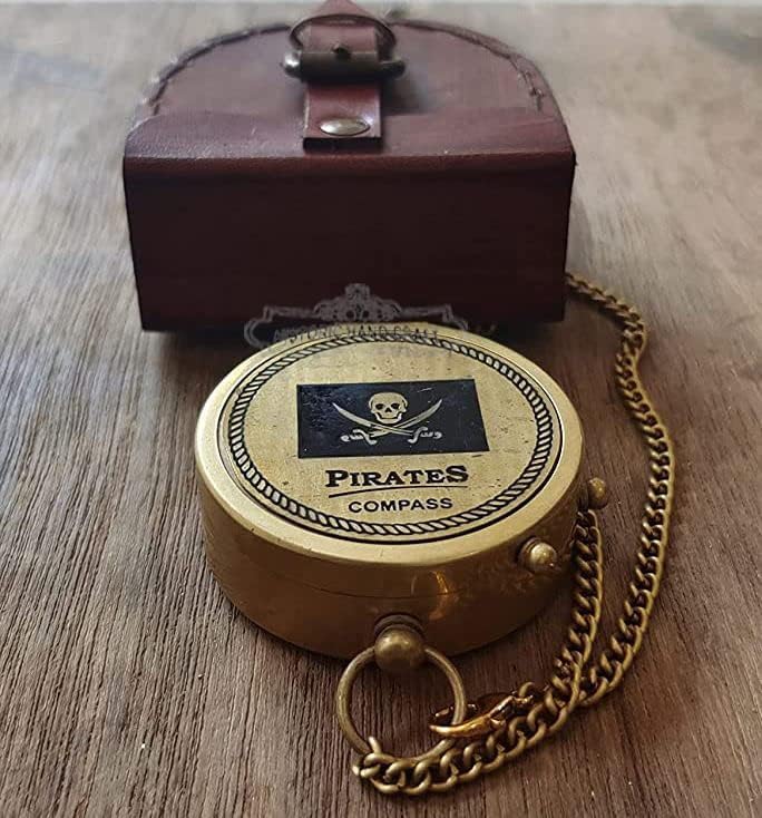 Bússola de barco pirata de latão náutico | Botão vintage Botão que trabalha com bússola de cadeia de