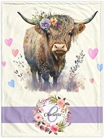 NovusOpt Highland Cow Baby Blain com nome personalizado Cobertores de bebê personalizados para meninas