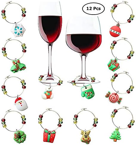12 PCs Wine Glass Charms, CNYMANY PVC PVC Christmas temáticos Tags Marcadores de bebidas com fivela para