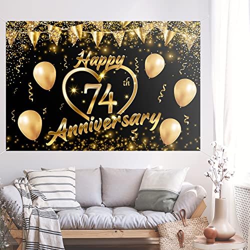 Feliz 74º aniversário Banner Decor Black Gold - Glitter Love Heart Happy 74 anos Aniversário de