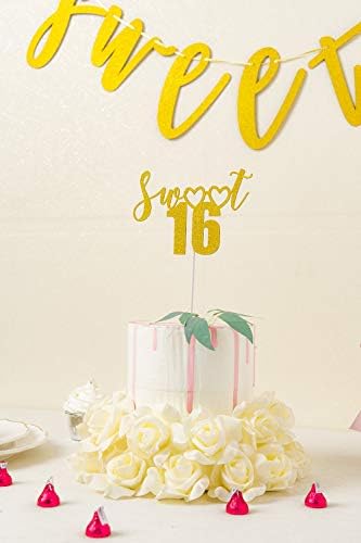 Senseware Sweet 16 Banner Gold Glitter com bolo de bolo para decorações doces de 16 festas