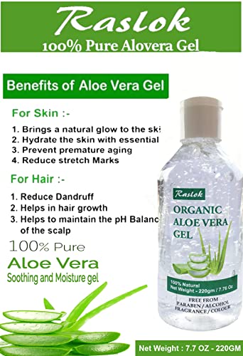 Raslok aloe vera gel puro Gel de aloe orgânico natural para hidratação de pele e cuidados com o cabelo,