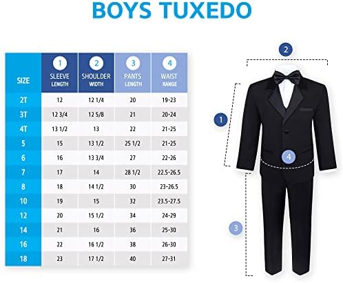 Meninos Conjunto de Tuxedo de 5 peças - inclui jaqueta formal, calça, camisa, colete e gravata borboleta