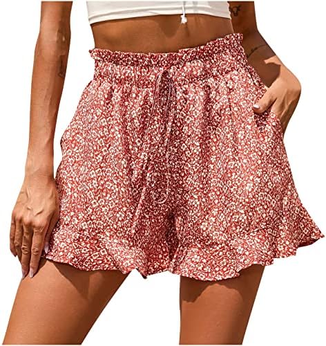 LMSXCT shorts casuais femininos verão boho ruffles praia shorts de cordão elástico cintura elástica