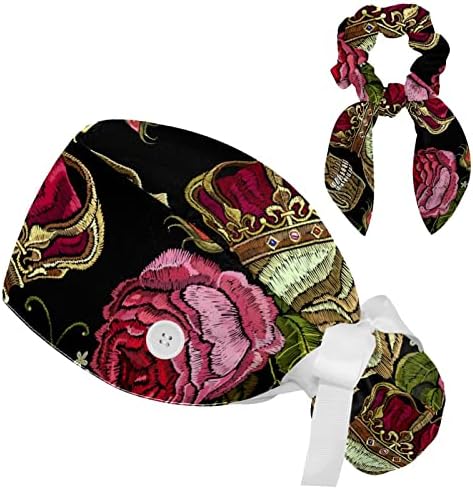 Crânio ajustável com boné de coroa rosa com botão, bolsa de rabo de cavalo, faixa de suor para mulheres com cabelo arco -arco macio