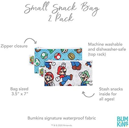 Bumkins Snacks Sacos, tecido reutilizável, lavável, cofre de alimentos, BPA Free - Nintendo Mario & Luigi