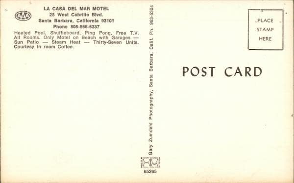 La Casa del Mar Motel Santa Barbara, Califórnia CA CA original Vintage Post cartão