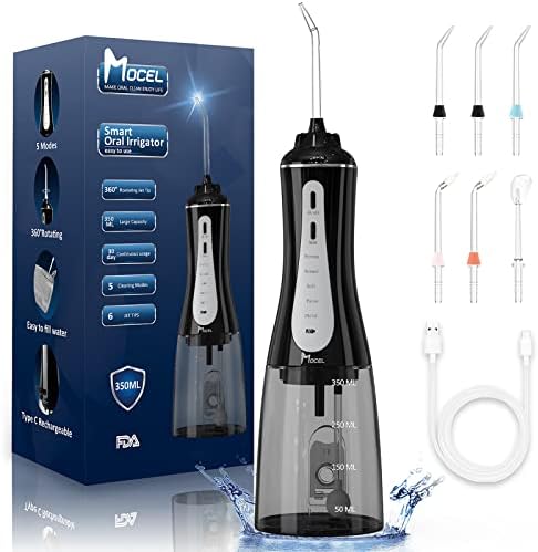 Irrigador oral de fio dental de água mocel com 5 modos, 350 ml de limpador de dentes de água sem fio Pick 6 dicas,