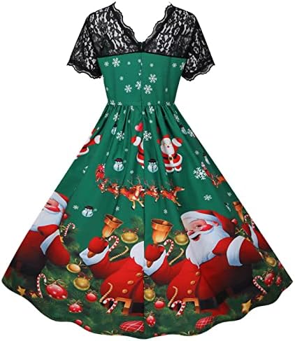 Vestidos vintage femininos de renda floral vestido de coquetéis de festas de festas de xmas, padrão de cartoon,
