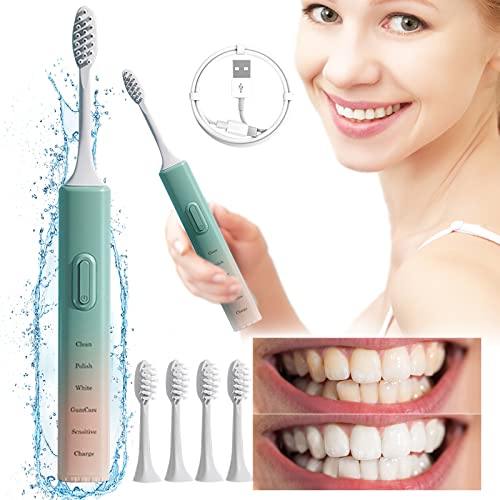 Escova de dentes elétrica potável com 5 cabeças de escova, escova de dentes adulta macia e saudável com
