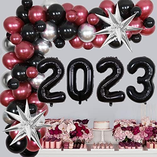 2023 Decorações de festa de formatura Maroon e prata Garland Garland Arch Kit Borgonha e preto com o número