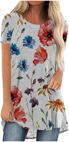 Tampos de verão femininos para leggings, pescoço redondo de manga curta T camisetas floral Prinadas