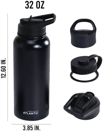 Garrafa de água do Flask Atlântico - 32 oz, 3 tampas, boca larga, tampa de palha, a vácuo isolada,