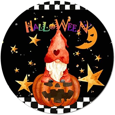 Signo de lata de metal redonda Halloween Pumpkins Gnomos Stars Stars Halloween Wreath Sign Art Art Prints