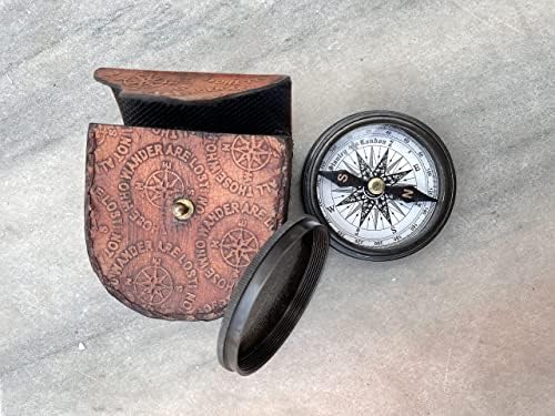 Shahalvi Antiqued Brass Poem Compass com caixa de couro
