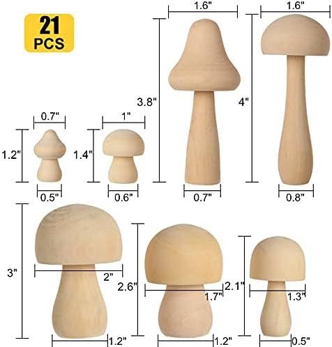 7 tamanhos cogumelos de madeira para artesanato, 21pcs inacabados cogumelos de madeira define