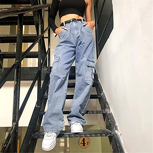 Jeans de bolso esbelto elástico alto feminino jeans de cor de jeans de cor de jeans com calças sólidas de
