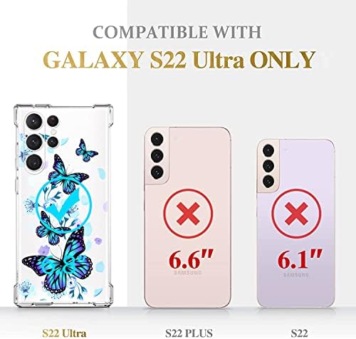 Kynwoga para Galaxy S22 Ultra Case Blue Flowers and Butterfly Case para mulheres meninas com TPU Tampa de estojo de proteção contra pára -choques para Samsung Galaxy S22 Ultra 6,8 polegadas