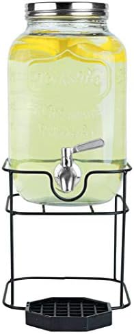 Distribuidor de bebidas de 1 galão de vidro com torneira de aço inoxidável no suporte de metal - grande