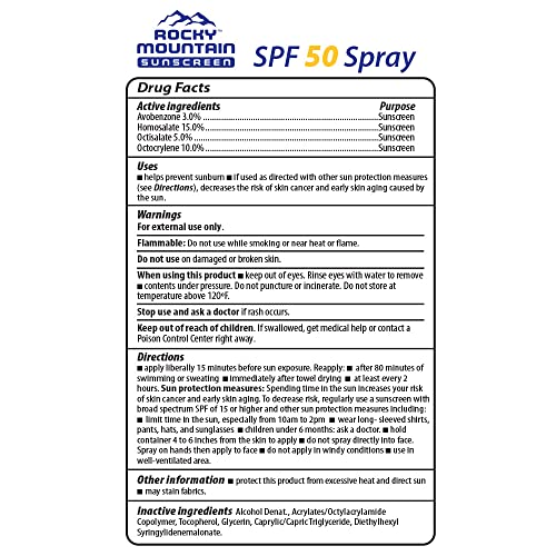 Protetor solar Rocky Mountain SPF 50 Spray líquido | Recife resistente à água segura | Proteção de amplo