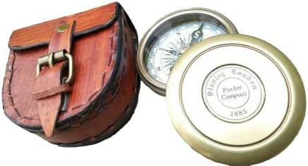 Compass náutico 1885 Compass com caixa de couro Brass vintage Stanley London Best Aventure Survival