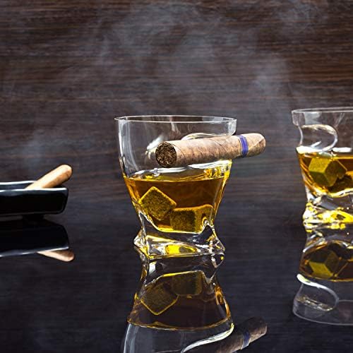 Bezrat Whisky Cigar Copos - Conjunto de 2 - Tumbler de uísque à moda antiga com suporte de charuto montado