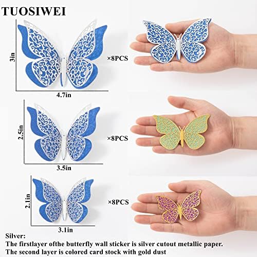 Decoração de parede de borboleta 3D TUOSIWEI 24 PCs Decorações de borboleta camadas duplas adesivas
