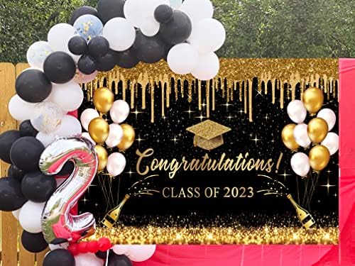 Binqoo 7x5ft Party Graduation Party Black Gold Decor Backdrop 2023 Parabéns Parabéns Balão de Graduação