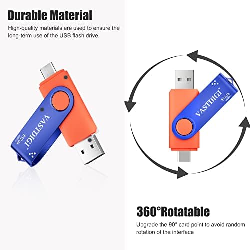 VastDig USB C Drive flash de 512 GB de alta velocidade USB 3.0 Tipo-C Drive Dual Drive Drive Memory Stick para