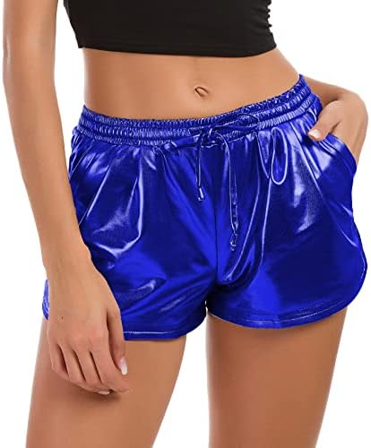 Taydey Shorts metálicos para mulheres quentes shorts brilhantes brilhantes com cordão elástico