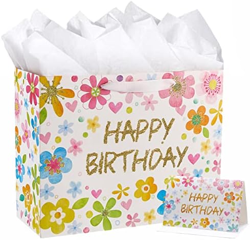 Suncolor 2 pacote 13 Grandes sacolas de presente de feliz aniversário para meninas com cartão e papel de seda