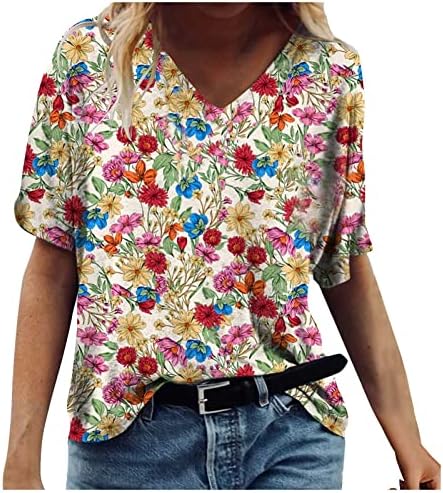 Tops femininos Camiseta casual casual camiseta de verão de manga curta V Blusa da moda solta Blusa Bohemian