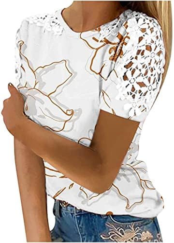 Algodão e spandex Tops Tops femininos Summer moda moda renda crochê de manga curta camisetas de gola de tripulação
