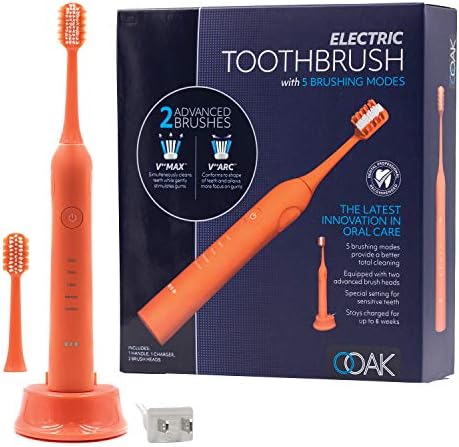 Escova de dentes elétrica ooak com 5 modos de escovação com 2 cabeças avançadas - coral