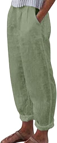 Calça de linho de algodão calças de verão casuais de verão com bolsos altas cintura calças de leão de dente -de