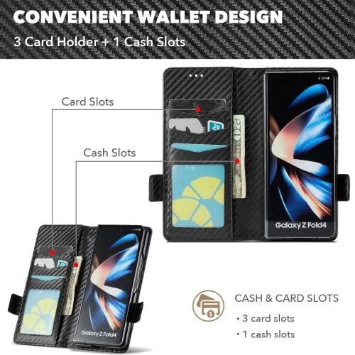 Elepik Galaxy Z Fold 4 Cague, Z Fold 4 Caixa de carteira com São de caneta S, porta -cartas, Kickstand, para homens homens, capa de telefone de carteira magnética de couro durável para Samsung Galaxy Z Fold 4, fibra de carbono preto preto