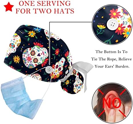 Capas médicas para mulheres com botões cabelos longos, tampa de trabalho ajustável de 2 peças, padrão floral de caveira de açúcar colorido