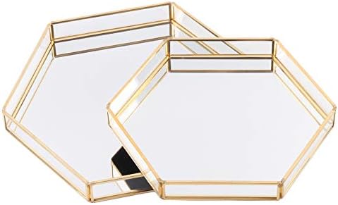 Koyal Wholesale Gold Glass Mirror Bandejas hexagonais Conjunto de vaidade de 2, bandejas de hexagon espelhadas